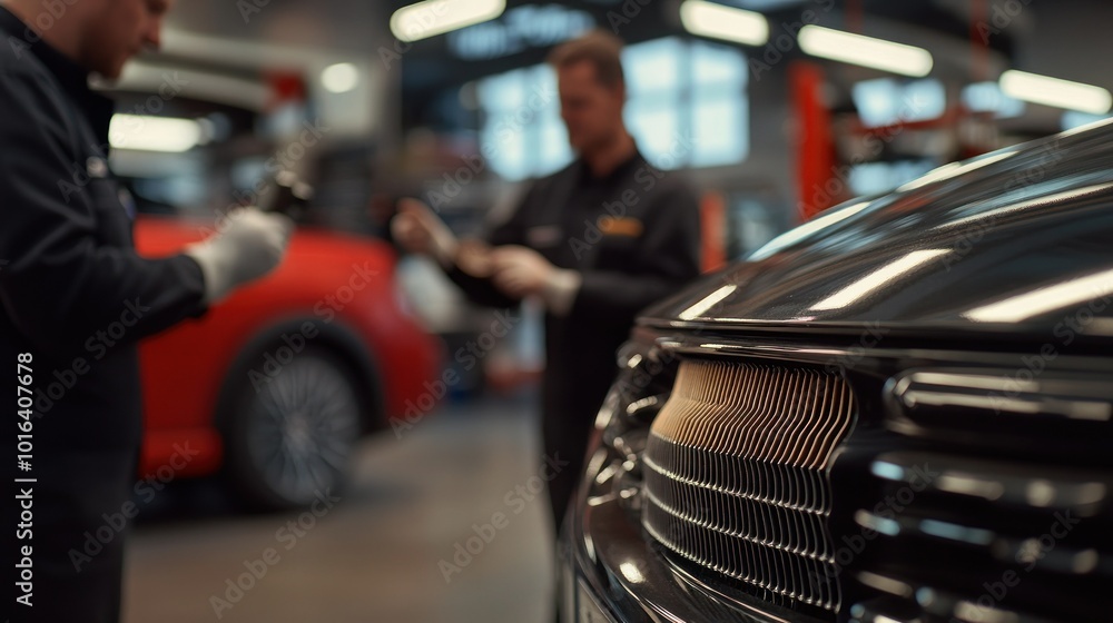 Obraz premium Two mechanics working on a car in an auto repair shop.