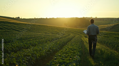 A person walking through a green field at sunset, holding a notebook, reflecting on agriculture.