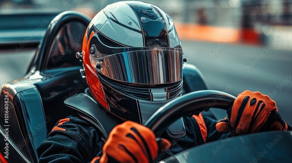 A race car driver in a helmet grips the steering wheel, focused on the track ahead. A race car driver in a helmet grips the steering wheel, focused on the track ahead.
