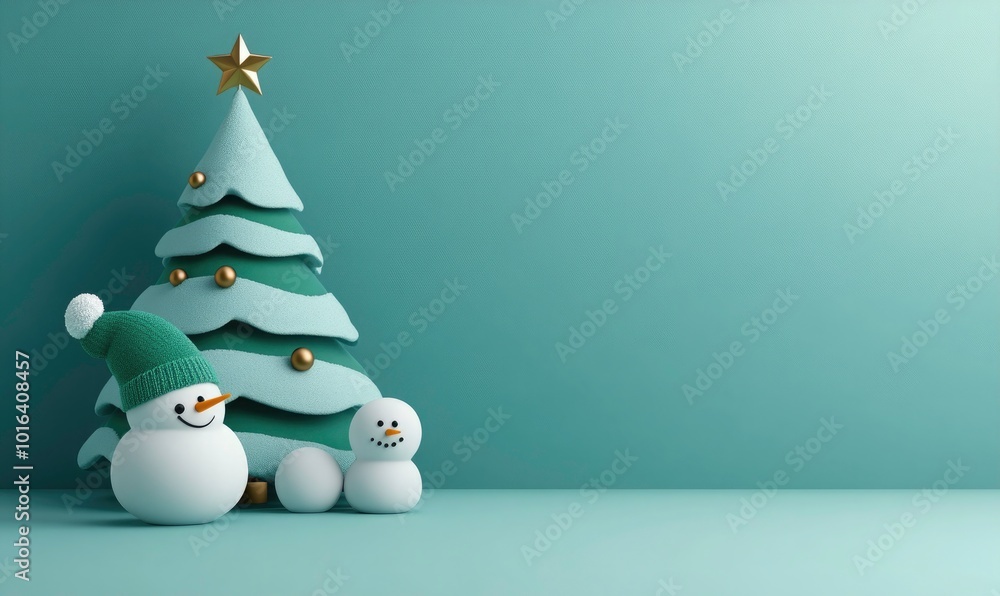Merry Christmas postcard. Cute Snowman With Green Hat Surrounded By Festive Decorations 3D rendering . 3D illustration. 3D render Christmas and New year concept. Greeting card, Xmas background. Merry Christmas postcard. Cute Snowman With Green Hat Surrounded By Festive Decorations 3D rendering . 3D illustration. 3D render Christmas and New year concept. Greeting card, Xmas background.