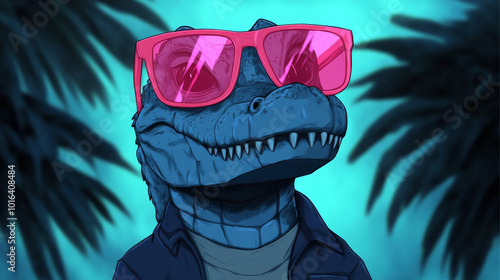 A cool alligator wearing pink sunglasses against a tropical background.