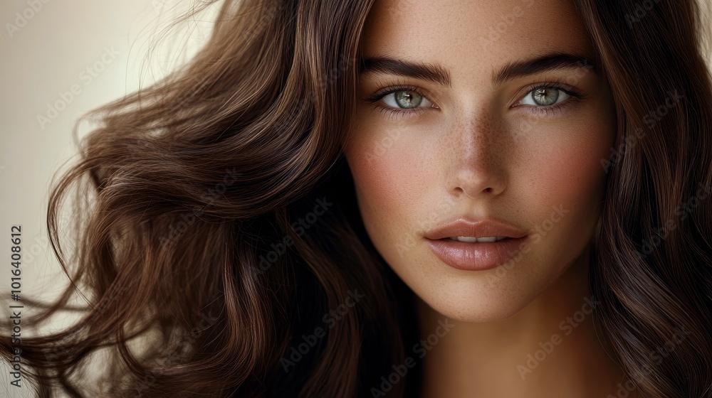 An elegant woman with thick and natural deep brown wavy hair, facing forward with a confident expression. The luxurious smooth texture and soft wave feel are perfect for high-end hair dye packaging. An elegant woman with thick and natural deep brown wavy hair, facing forward with a confident expression. The luxurious smooth texture and soft wave feel are perfect for high-end hair dye packaging.