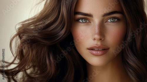Wallpaper Mural An elegant woman with thick and natural deep brown wavy hair, facing forward with a confident expression. The luxurious smooth texture and soft wave feel are perfect for high-end hair dye packaging. Torontodigital.ca