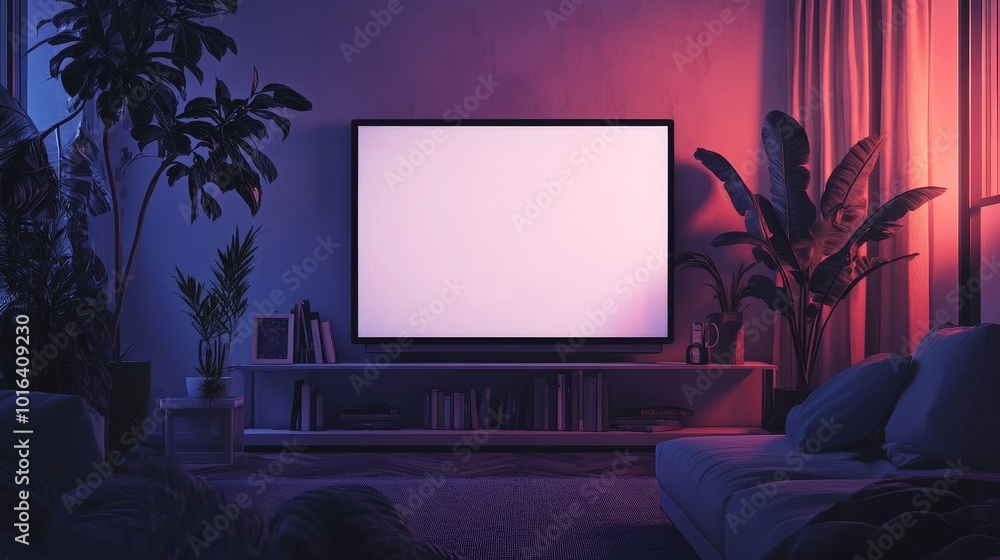The interior design of the modern living room features a large TV on the bookshelf, with a blank white screen suitable for customizing content. Warm atmosphere, minimalist design The interior design of the modern living room features a large TV on the bookshelf, with a blank white screen suitable for customizing content. Warm atmosphere, minimalist design