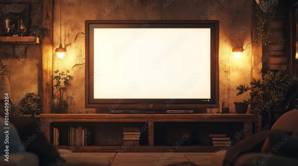 The interior design of the modern living room features a large TV on the bookshelf, with a blank white screen suitable for customizing content. Warm atmosphere, minimalist design The interior design of the modern living room features a large TV on the bookshelf, with a blank white screen suitable for customizing content. Warm atmosphere, minimalist design