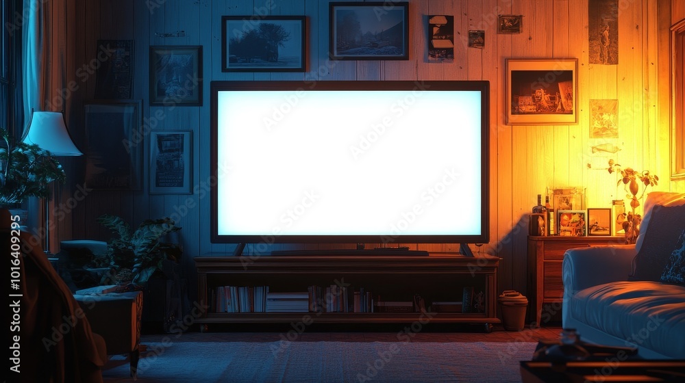 The interior design of the modern living room features a large TV on the bookshelf, with a blank white screen suitable for customizing content. Warm atmosphere, minimalist design The interior design of the modern living room features a large TV on the bookshelf, with a blank white screen suitable for customizing content. Warm atmosphere, minimalist design