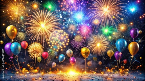 Vibrant glittering fireworks explode against a dark night sky, surrounded by shimmering confetti, balloons, and colorful balloons, perfect for festive Happy New Year celebrations.