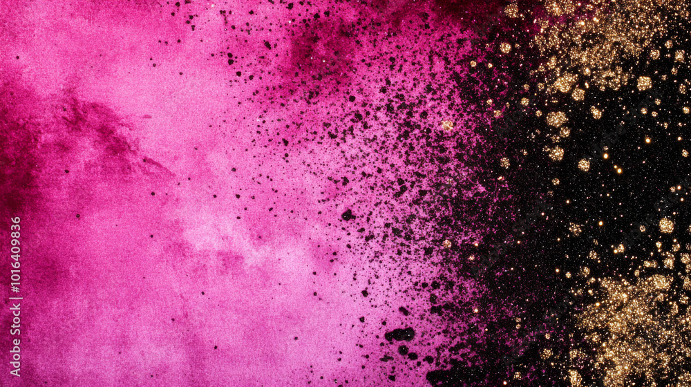 Abstract background with pink, black, and gold paint splatters. Abstract background with pink, black, and gold paint splatters.