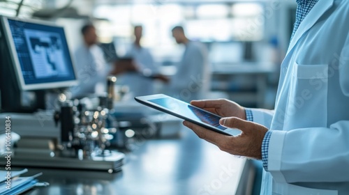 A person in a lab coat using a tablet in a laboratory setting. photo