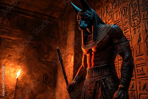 Anubis, the Egyptian God of the Afterlife, Standing Tall in a Dimly Lit Ancient Tomb with Hieroglyphic Walls