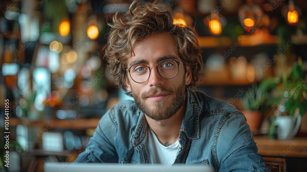 Young Man with Glasses in Cozy Cafe Setting Young Man with Glasses in Cozy Cafe Setting