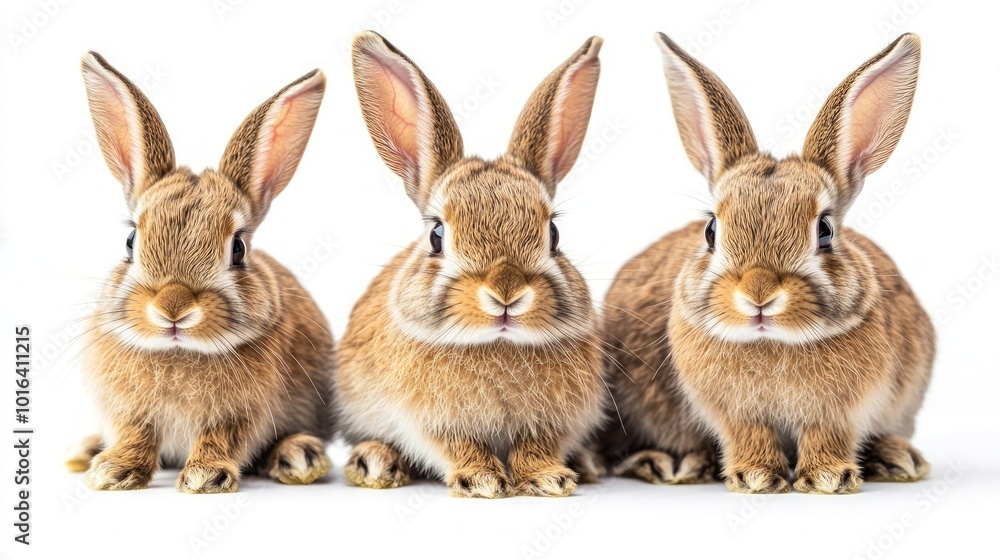 Three adorable brown bunnies sitting in a row, looking directly at the camera, isolated on a white background. Three adorable brown bunnies sitting in a row, looking directly at the camera, isolated on a white background.