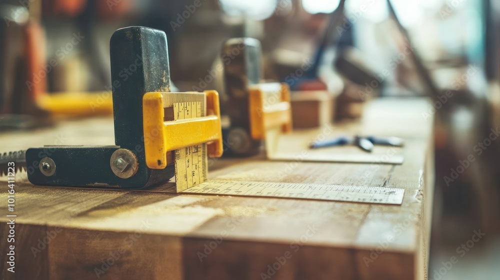 Fototapeta premium Close-up of clamps and measuring tools on a wooden workbench in a workshop setting.