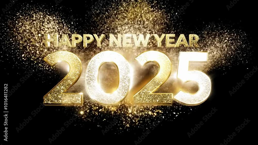 Happy New Year 2025: Gold Glitter Explosion on Black Background