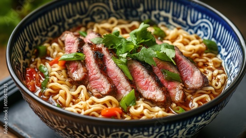 Ready-made noodles in a colorful ceramic dish, packed with vegetables and tender slices of meat, rich broth beneath