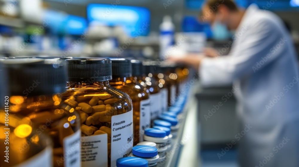 A laboratory scene with amber bottles of medication and a scientist working in the background. A laboratory scene with amber bottles of medication and a scientist working in the background.