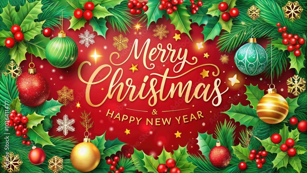 Vibrant holiday card featuring festive holly, snowflakes, and glittering ornaments, with bold red and green text wishing Merry Christmas and Happy New Year greetings. Vibrant holiday card featuring festive holly, snowflakes, and glittering ornaments, with bold red and green text wishing Merry Christmas and Happy New Year greetings.