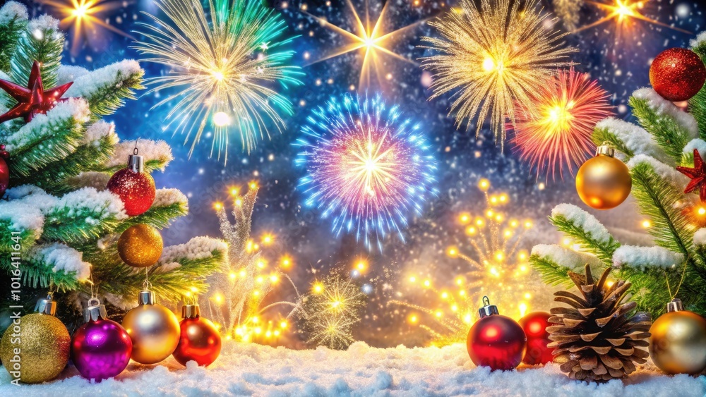 Φωτογραφία Vibrant holiday scene featuring sparkling fireworks, snowflakes, and festive decorations, conveying joyful atmosphere and warm wishes for a magical Christmas and Happy New Year celebration