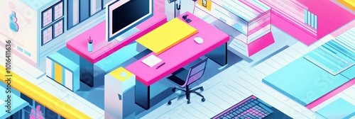 A colorful, modern workspace featuring a desk, computer, and organized shelves.