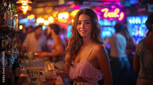 A young woman with long brown hair smiles at the camera while sitting at a bar.