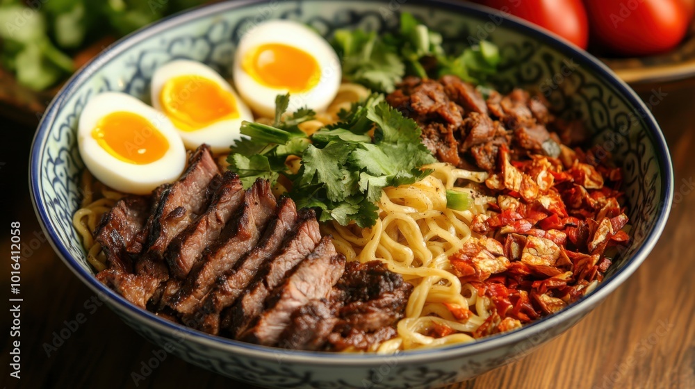 Ready-made noodles presented in a colorful ceramic dish, with a variety of toppings like boiled eggs and grilled meat Ready-made noodles presented in a colorful ceramic dish, with a variety of toppings like boiled eggs and grilled meat