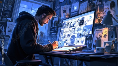 A focused artist sketches at a digital workspace surrounded by creative inspiration. photo