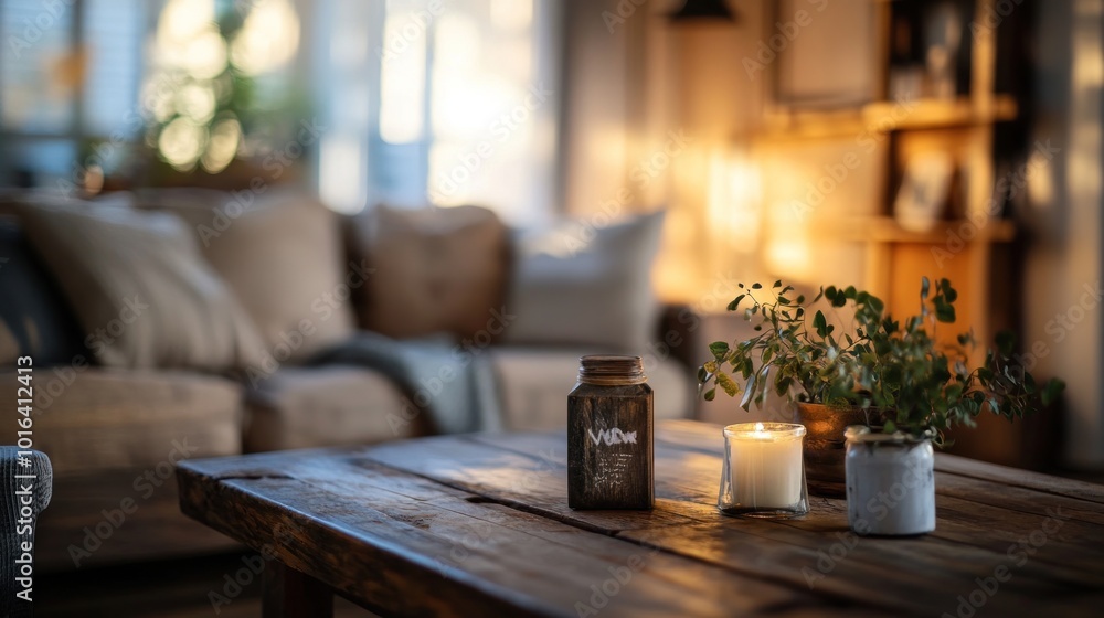 A cozy living room with a wooden coffee table, a lit candle, and a plant. A cozy living room with a wooden coffee table, a lit candle, and a plant.