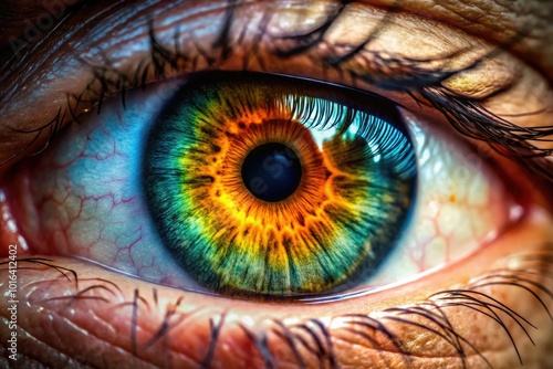 Close-up of a healthy human eyeball showcasing vibrant colors and intricate details of the iris