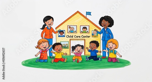 Hand drawing clipart of a child care center with caregivers and kids playing on plain white background