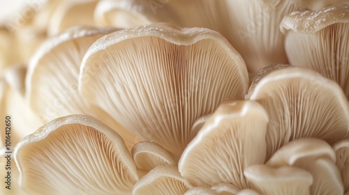 Close-up of oyster mushrooms, delicate gills and creamy white color.