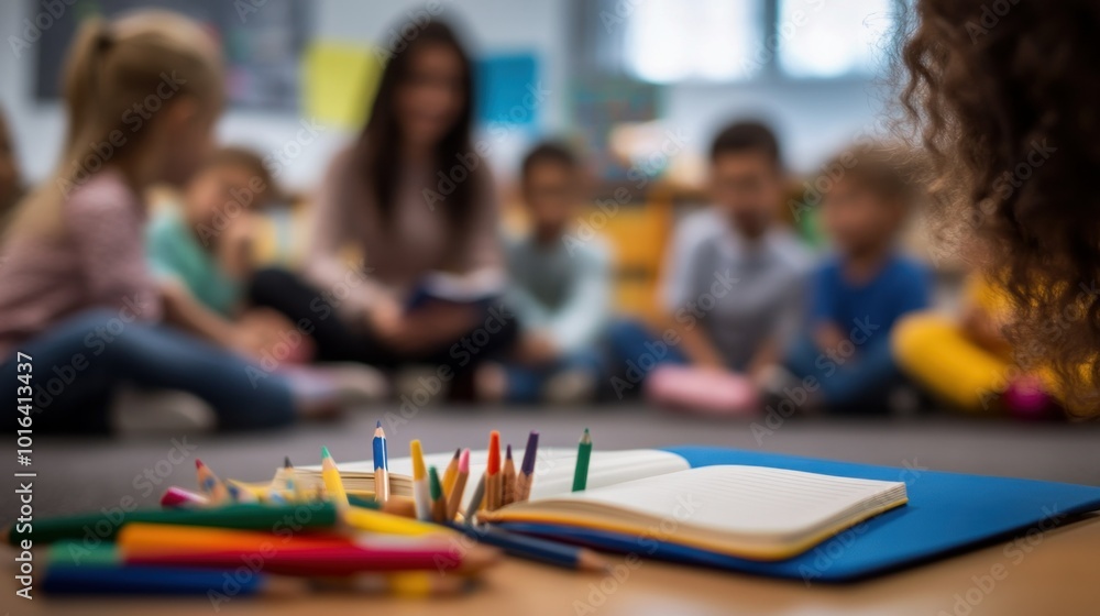 Children gathered around an adult reading, with art supplies in the foreground. Children gathered around an adult reading, with art supplies in the foreground.