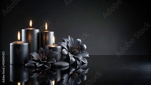 Panoramic black flower and burning candles on black background for funeral announcement