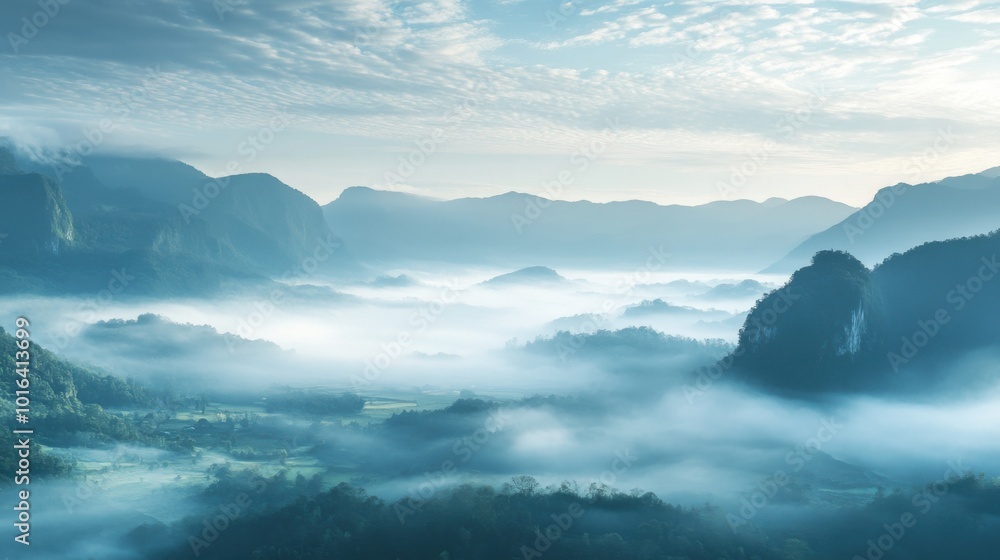 Fototapeta premium Misty Mountains Shrouded in Fog with a Valley Below