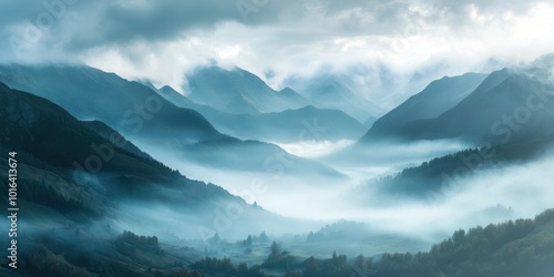 Misty Mountains Shrouded in Fog with a Valley Below