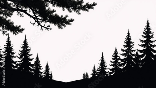 Woodland pine tree silhouettes against a white background featuring evergreens in vector illustrations with intricate details of firs and spruces photo