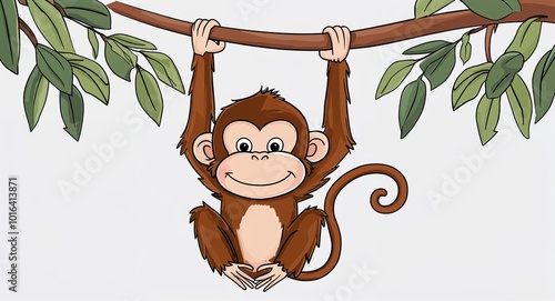 Hand drawing clipart of a curious monkey swinging from branches on plain white background