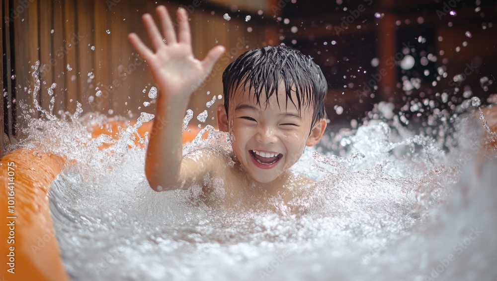 Obraz premium A young boy smiles with joy as he splashes in a water slide.
