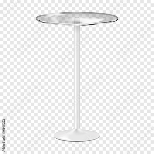 Bar table with round clear glass countertop on single metal leg. Realistic 3d vector mockup. High pedestal chrome base circular transparent counter. Mock-up
