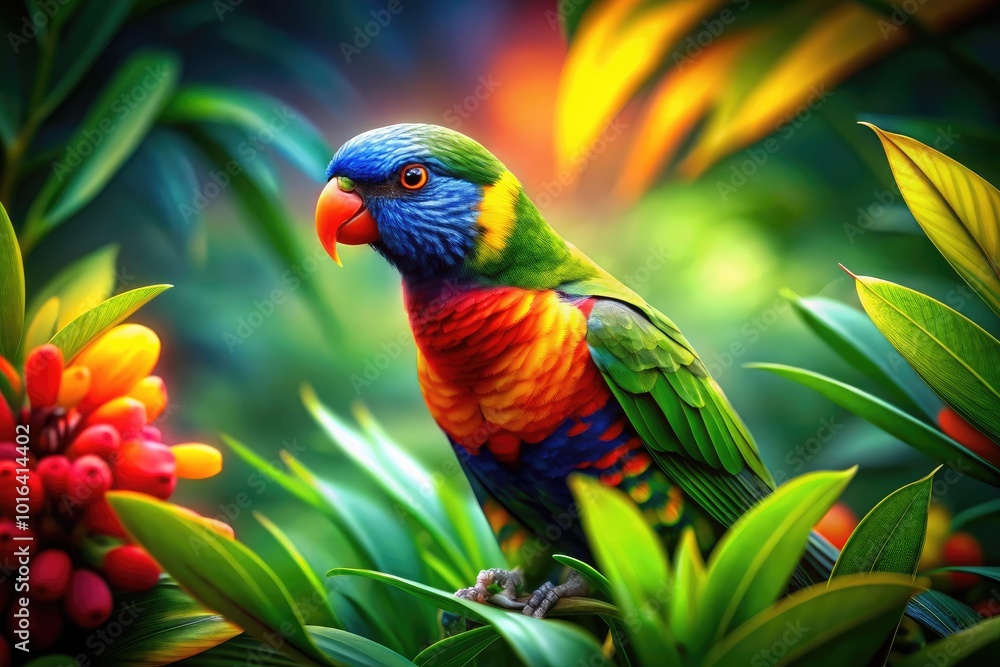 Fototapeta premium Vibrant Parrot Illustration Surrounded by Lush Tropical Leaves in Tilt-Shift Style Photography