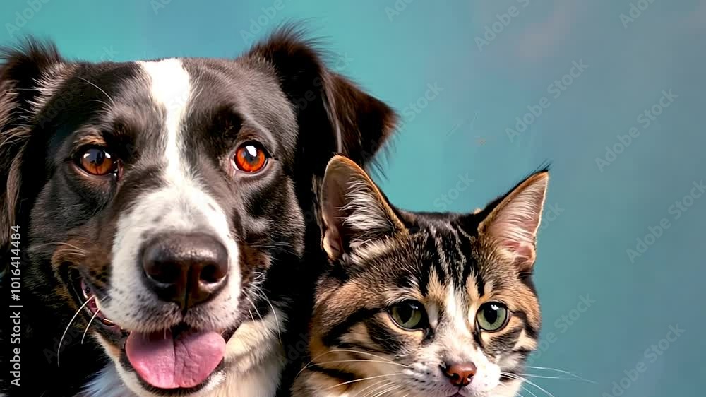 Adorable dog and kitten pose together against a blue background. Ideal for pet-themed projects, advertisements, or social media. Captivates the friendship between pets in a joyful manner. AI Adorable dog and kitten pose together against a blue background. Ideal for pet-themed projects, advertisements, or social media. Captivates the friendship between pets in a joyful manner. AI
