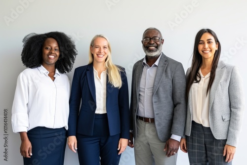 Group of diverse business people standing in a row smiling at the camera