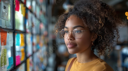 Thoughtful Woman by Colorful Sticky Notes Wall