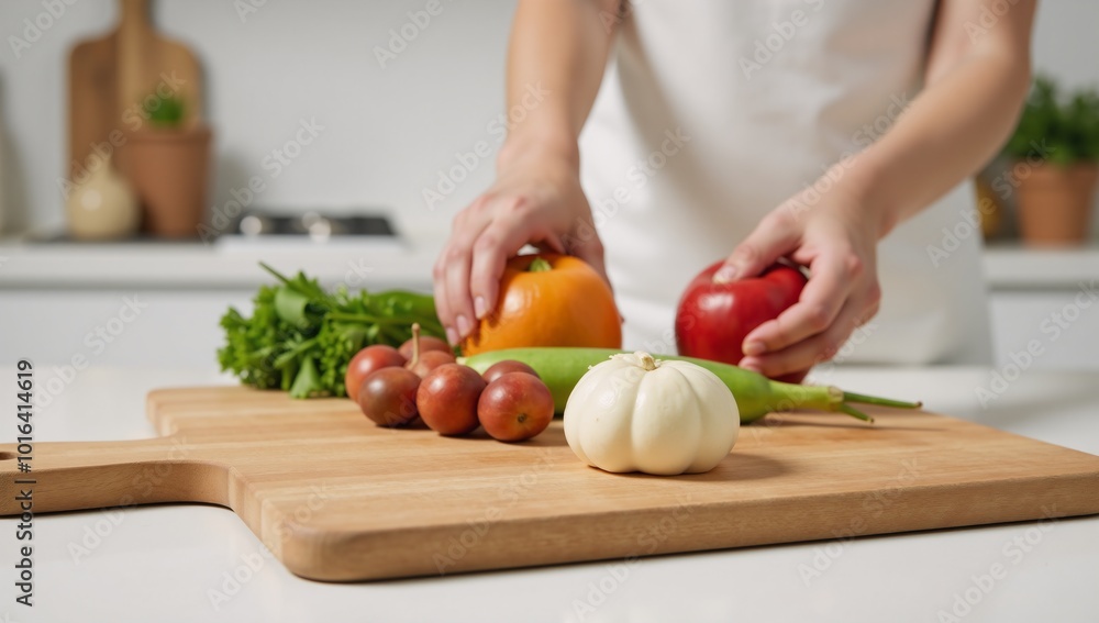 Cutting board with assembled products against blurred home kitchen backdrop Cutting board with assembled products against blurred home kitchen backdrop