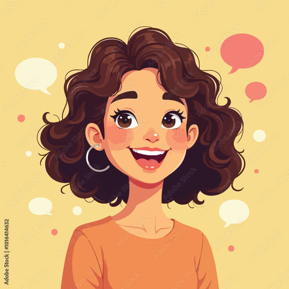 Cute Girl Flat Character With Comic Speech Bubbles Icon Vector Style Illustration Cute Girl Flat Character With Comic Speech Bubbles Icon Vector Style Illustration