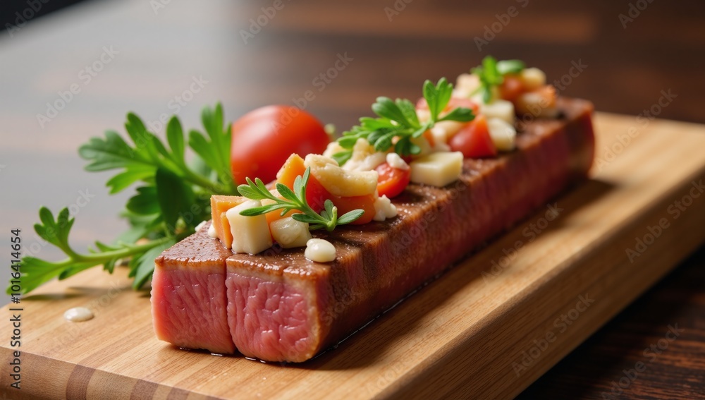 Seared tuna with sauce topped with diced ingredients on a wood board garnished with fresh herbs close-up Seared tuna with sauce topped with diced ingredients on a wood board garnished with fresh herbs close-up