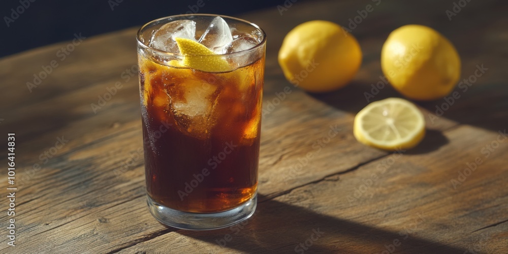 Glass of Sweet Tea with Ice and Lemon Slices on a Wooden Table Glass of Sweet Tea with Ice and Lemon Slices on a Wooden Table