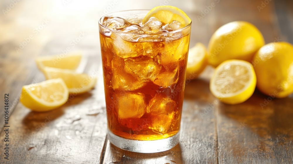 Glass of Sweet Tea with Ice and Lemon Slices on a Wooden Table Glass of Sweet Tea with Ice and Lemon Slices on a Wooden Table