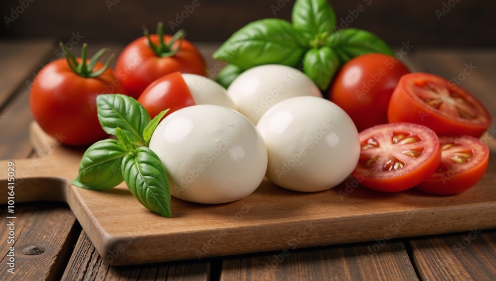 Italian buffalo mozzarella arrangement on chopping board with tomatoes and basil Italian buffalo mozzarella arrangement on chopping board with tomatoes and basil