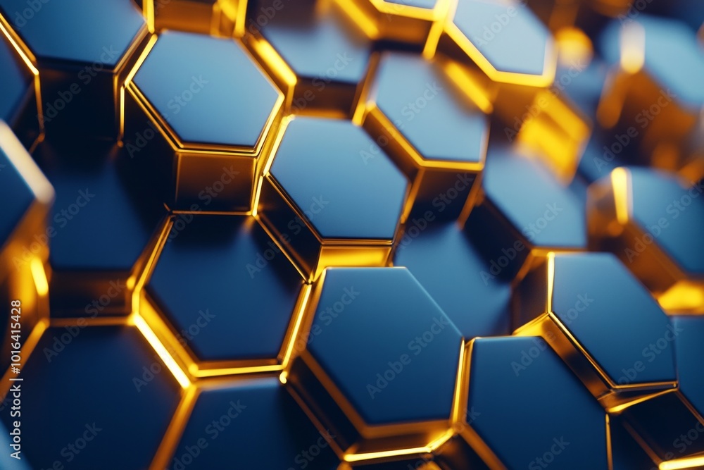 Abstract background with hexagonal golden glowing elements, dark blue and yellow colors. Abstract background with hexagonal golden glowing elements, dark blue and yellow colors.