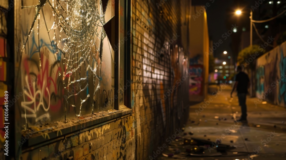 Obraz premium Dark alleyway at night with shadowy figures symbolizing gang violence, broken window and graffiti-covered wall under harsh streetlight glow.